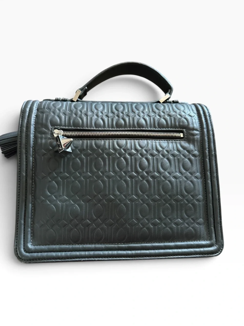 B Brian Atwood Black Monogram Embossed Top Handle Satchel Bag with Tassels